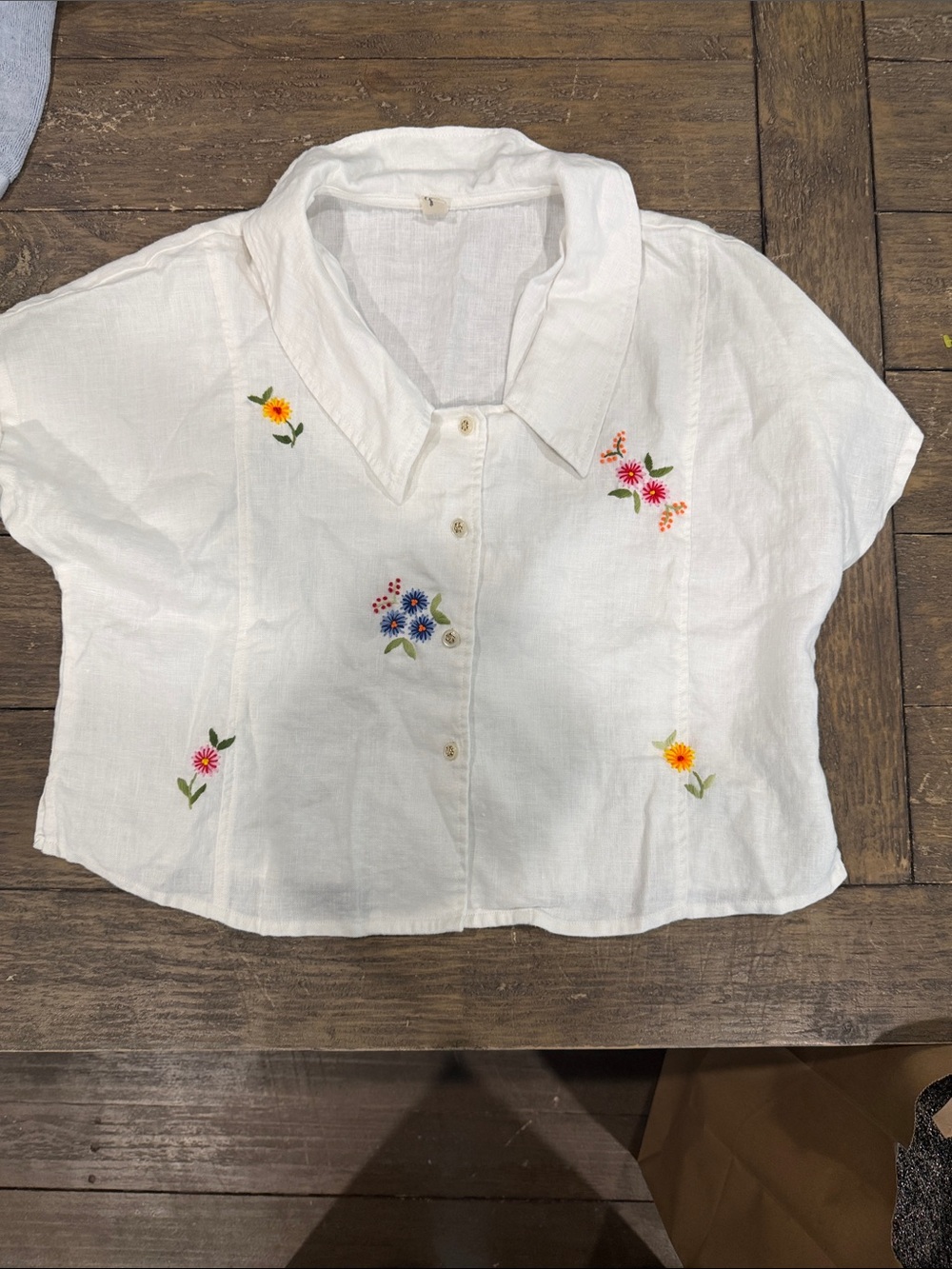 White Embroidered Button-Front Women's Top
